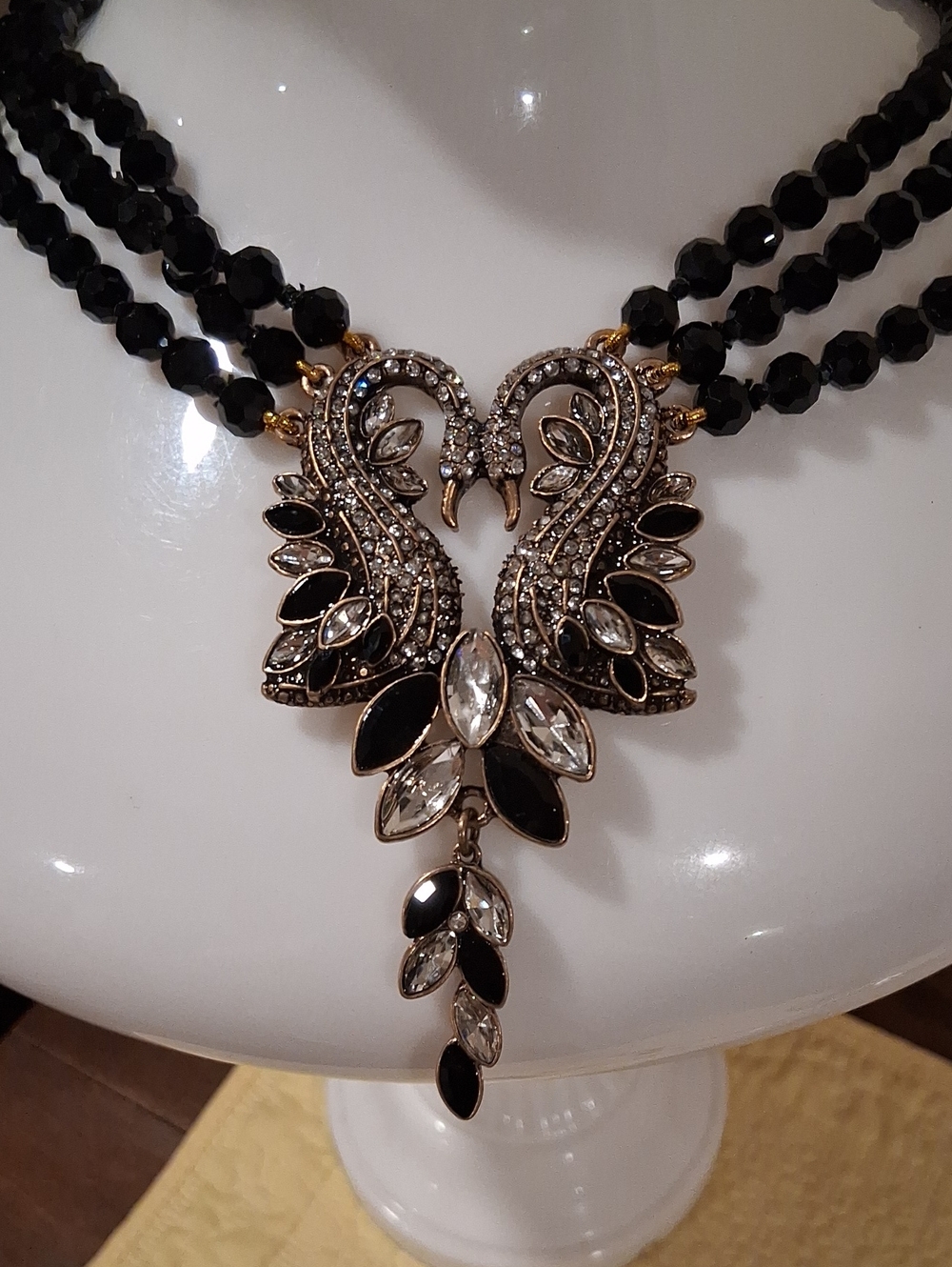 Elegant Black Crystal Double Swan Necklace LI HANG YUAN